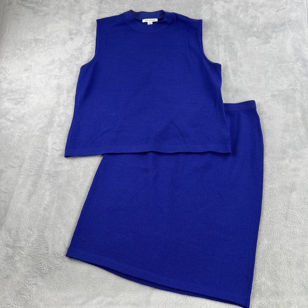 St John Collection Marie Gray Knit Shell Skirt Set 12 L Royal Blue Womens 2pc